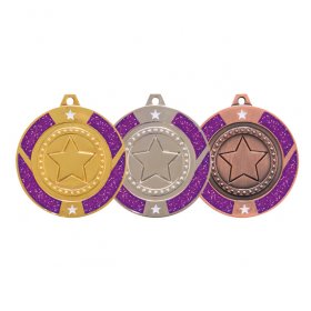 Glitter Star Medal Purple 50mm - Gold, Silver & Bronze