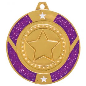 Glitter Star Medal Purple 50mm - Gold, Silver & Bronze