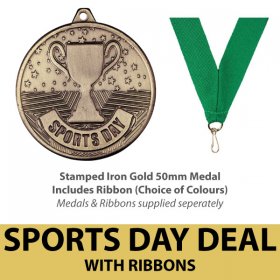 Medal & Ribbon Deal - Stamped Sports Day 50mm Iron Medals