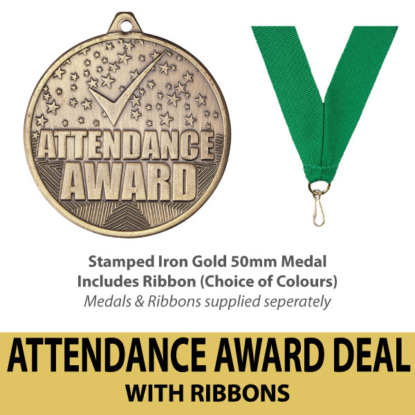 RIBBON AND CERTIFICATE 1 ONLY 100% ATTENDANCE MEDALS 50MM METAL MEDALS 