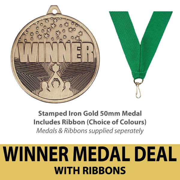 50mm BRONZE METAL AM502B + Ribbons 30 x Junior/Senior Football Medals 
