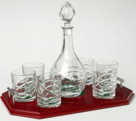 Crystal Decanter and 6 Crystal Whiskey Glasses inc Wooden Tray