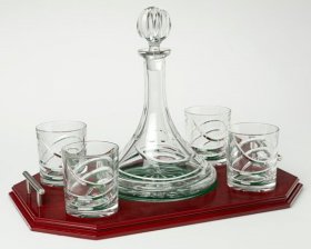 Crystal Decanter and 4 Crystal Whiskey Glasses inc Wooden Tray