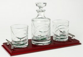 Crystal Decanter and 2 Crystal Whiskey Glasses inc Wooden Tray