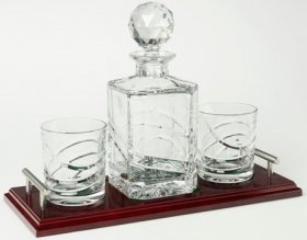 Crystal Decanter and 2 Crystal Whiskey Glasses inc Wooden Tray