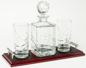 Crystal Decanter and 2 Crystal Highball Glasses inc Wooden Tray